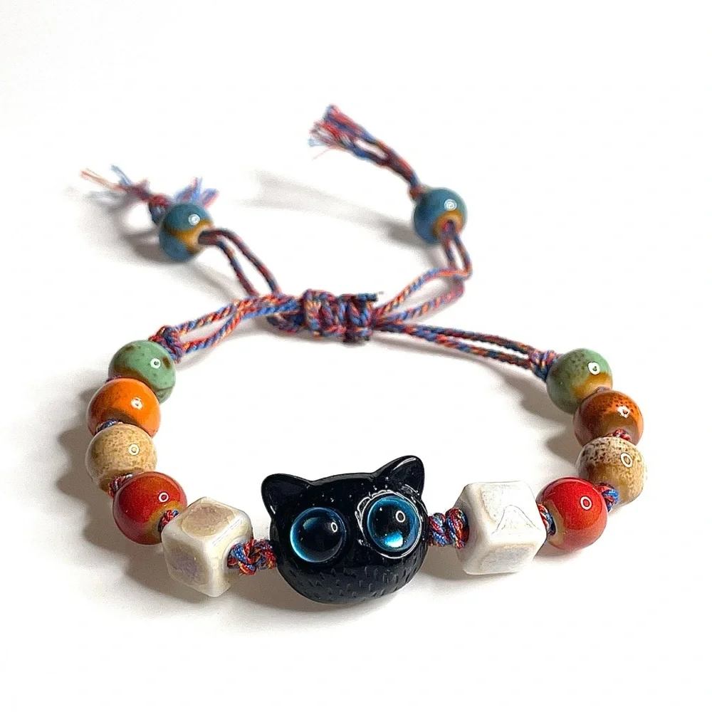 Black Cat Bracelet Red white Tan orange Ceramic Beaded Adjustable Cord